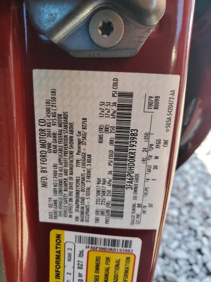 2019 Ford Fusion Se VIN: 3FA6P0HD0KR193983 Lot: 85122495