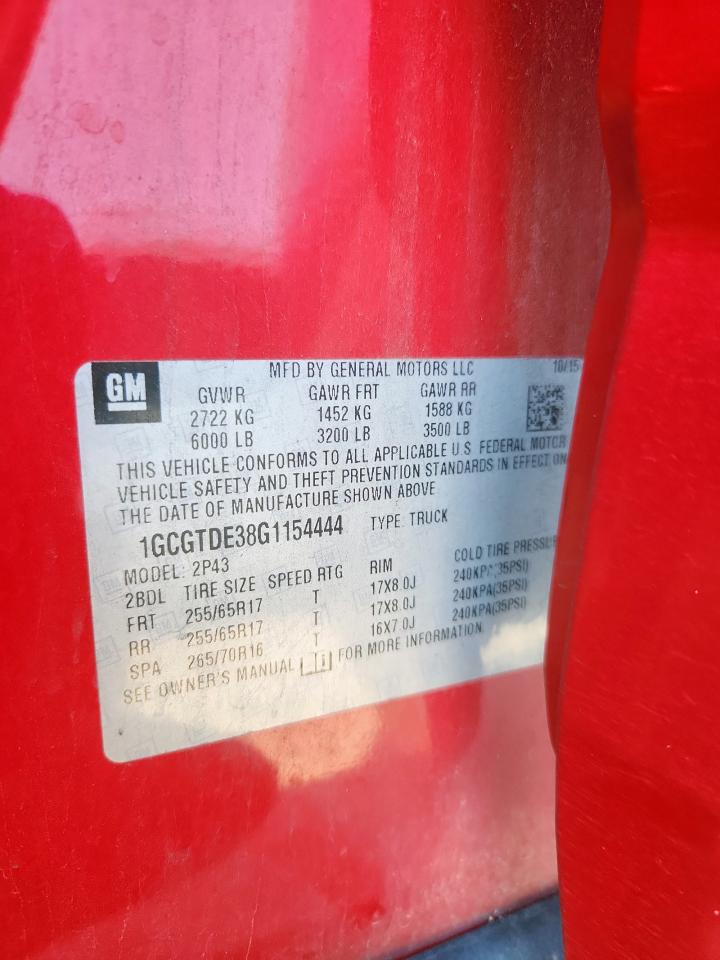 2016 Chevrolet Colorado Z71 VIN: 1GCGTDE38G1154444 Lot: 86124645