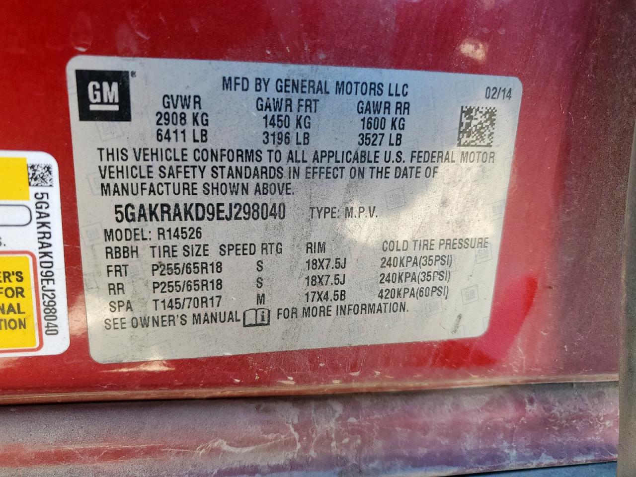 2014 Buick Enclave VIN: 5GAKRAKD9EJ298040 Lot: 91018395