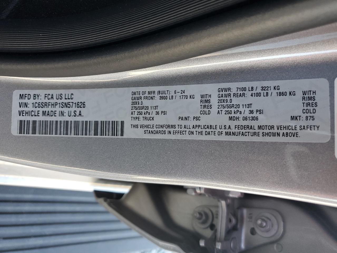 2025 Ram 1500 Limited VIN: 1C6SRFHP1SN571626 Lot: 85383565