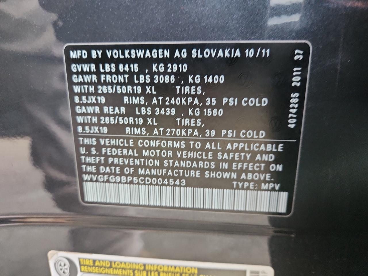 2012 Volkswagen Touareg Hybrid VIN: WVGFG9BP5CD004543 Lot: 81969945