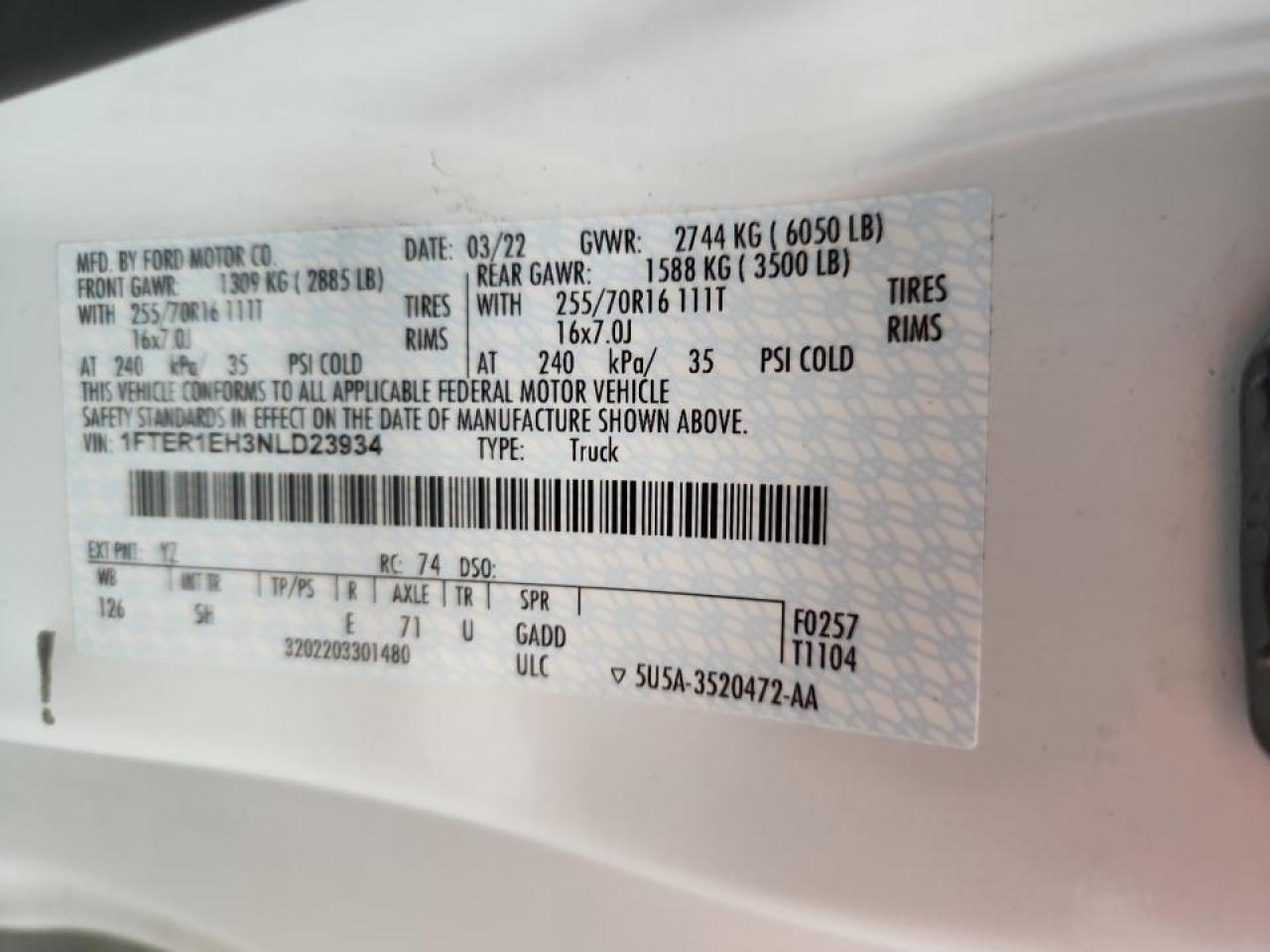 2022 Ford Ranger Xl VIN: 1FTER1EH3NLD23934 Lot: 87451735