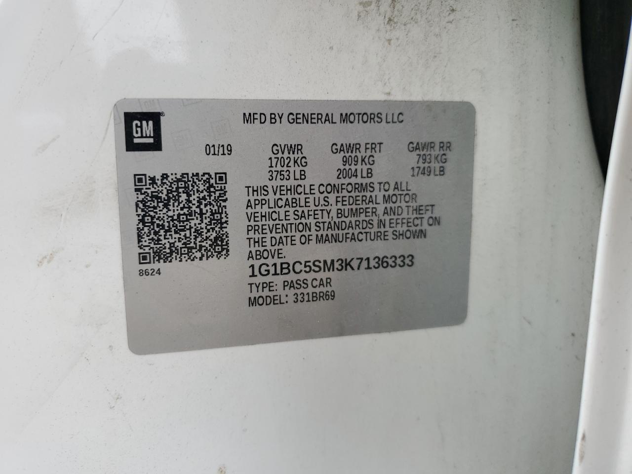 2019 Chevrolet Cruze Ls VIN: 1G1BC5SM3K7136333 Lot: 90526735