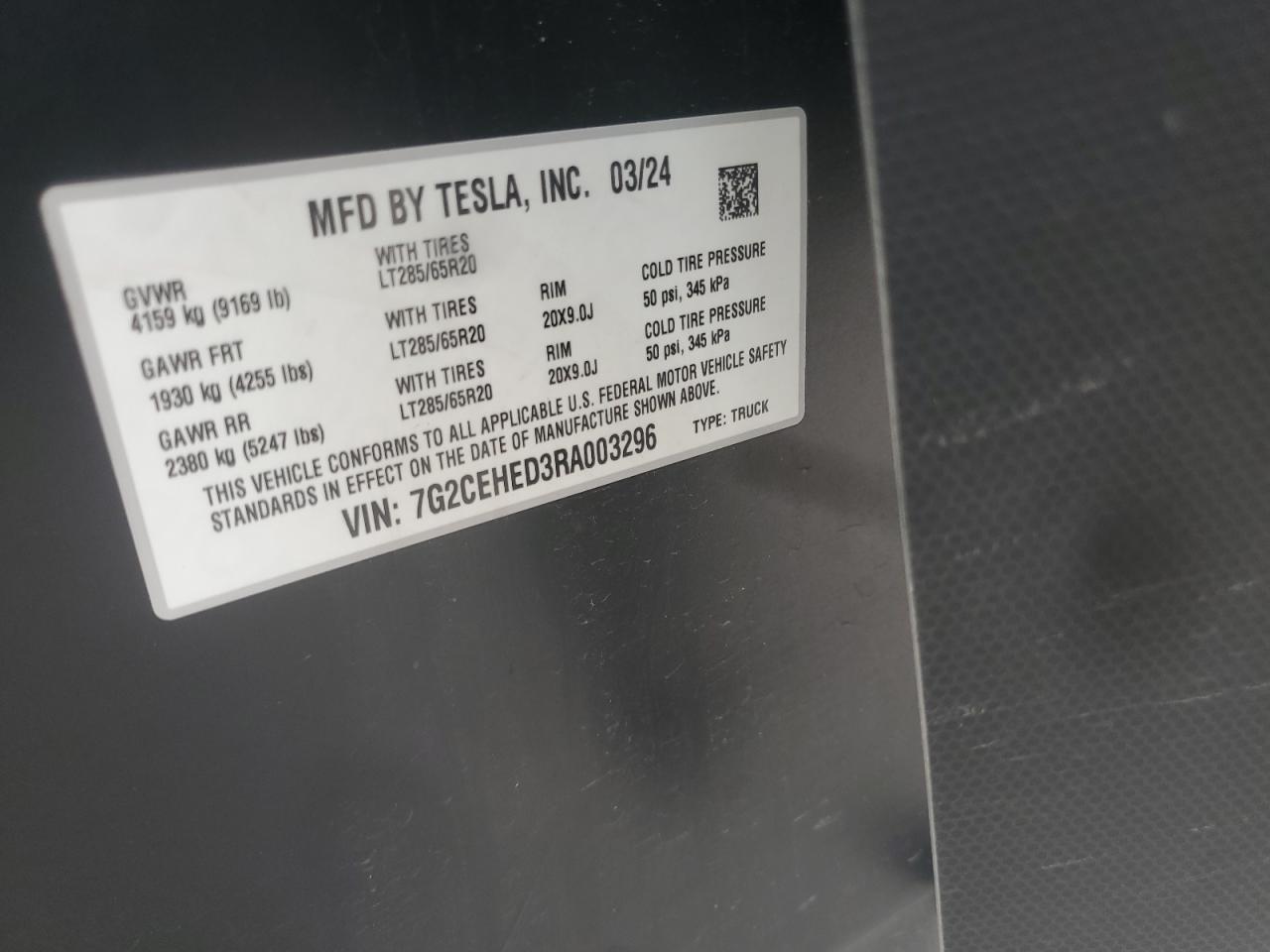 2024 Tesla Cybertruck VIN: 7G2CEHED3RA003296 Lot: 86309915