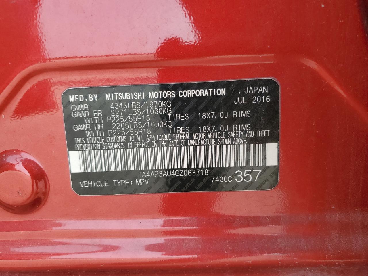 2016 Mitsubishi Outlander Sport Es VIN: JA4AP3AU4GZ063718 Lot: 82695155