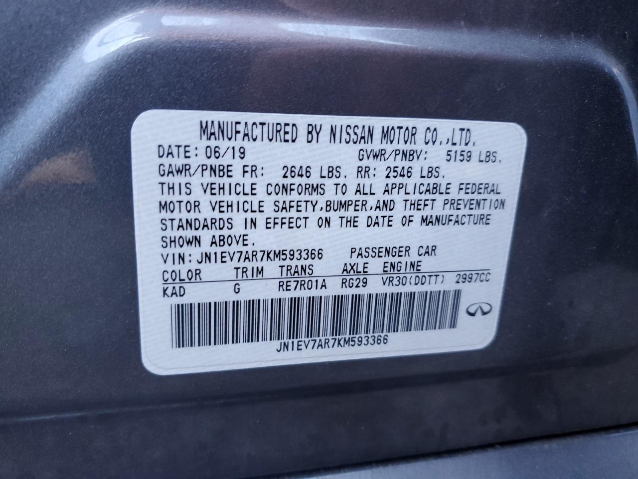 2019 Infiniti Q50 Luxe VIN: JN1EV7AR7KM593366 Lot: 87041535