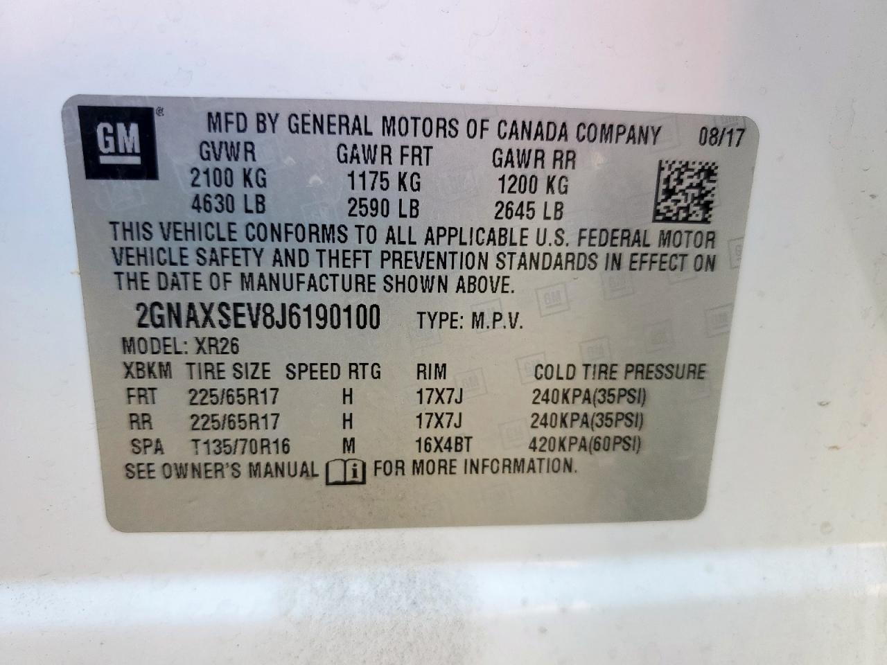 2018 Chevrolet Equinox VIN: 2GNAXSEV8J6190100 Lot: 82406325