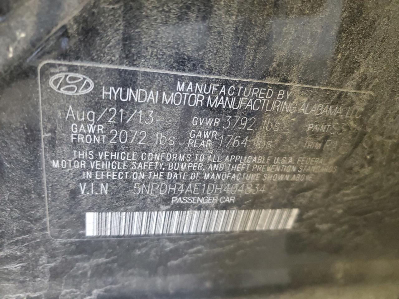 2013 Hyundai Elantra Gls VIN: 5NPDH4AE1DH404834 Lot: 85161285