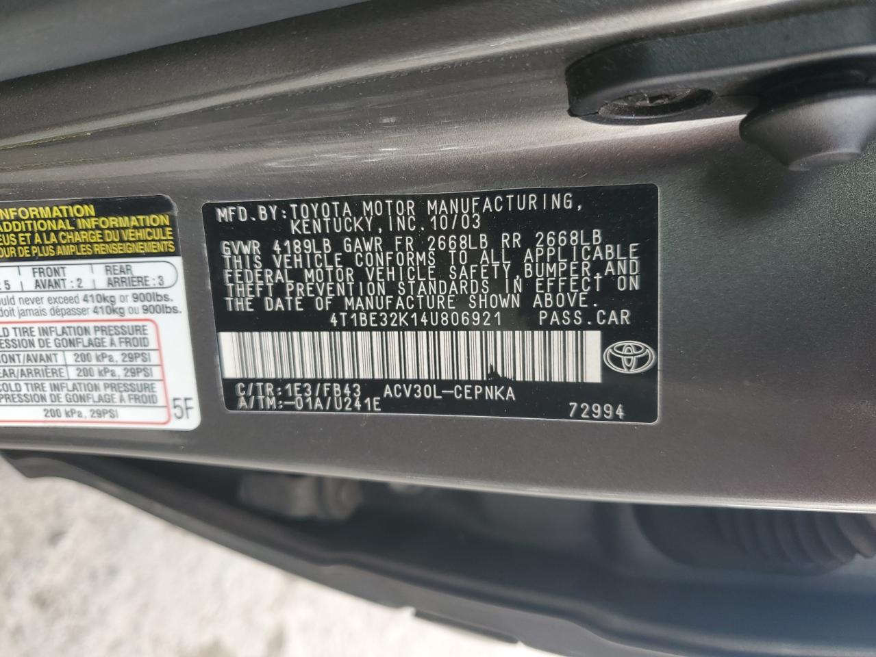 2004 Toyota Camry Le VIN: 4T1BE32K14U806921 Lot: 81513565