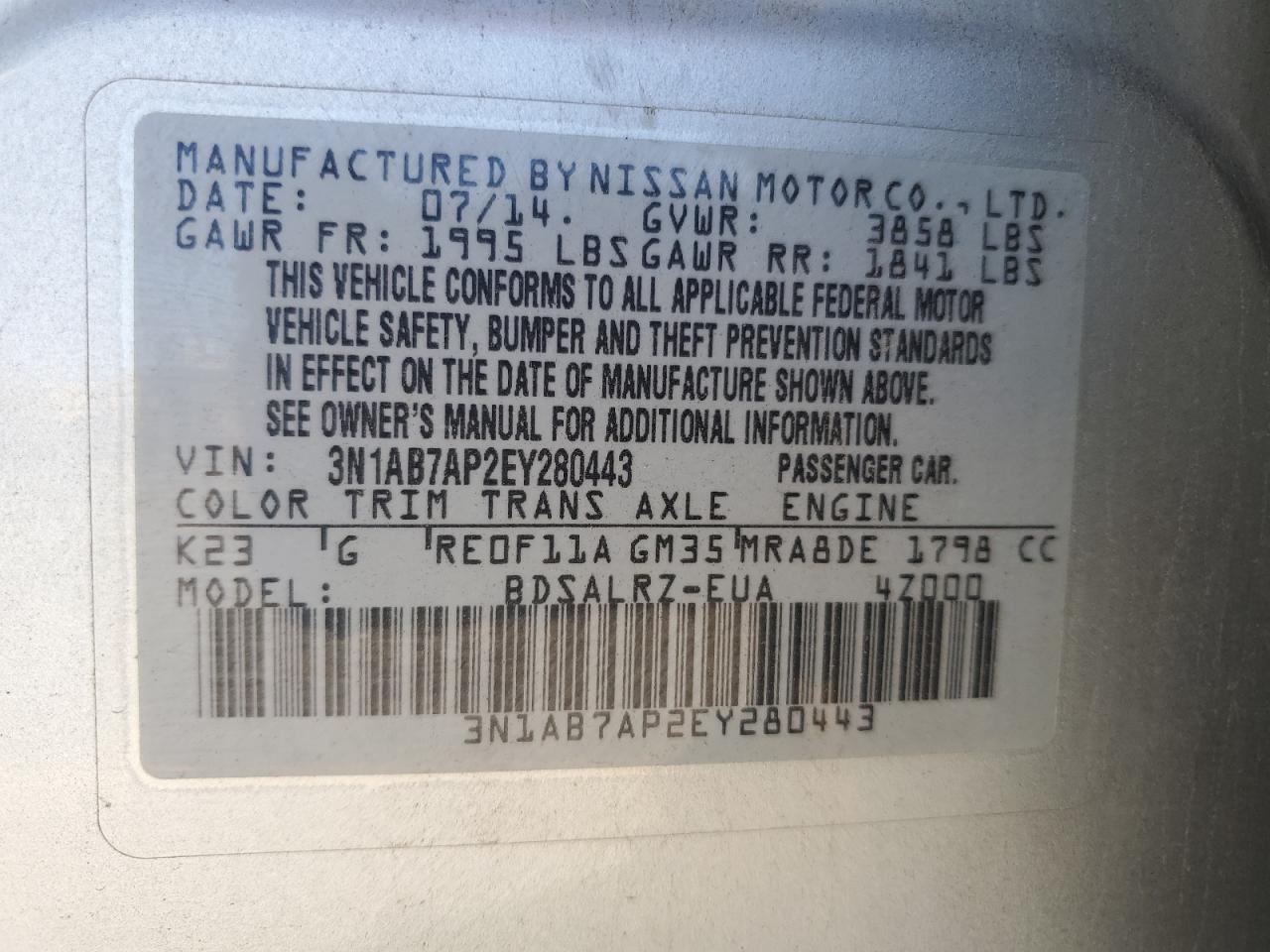 2014 Nissan Sentra S VIN: 3N1AB7AP2EY280443 Lot: 85528805