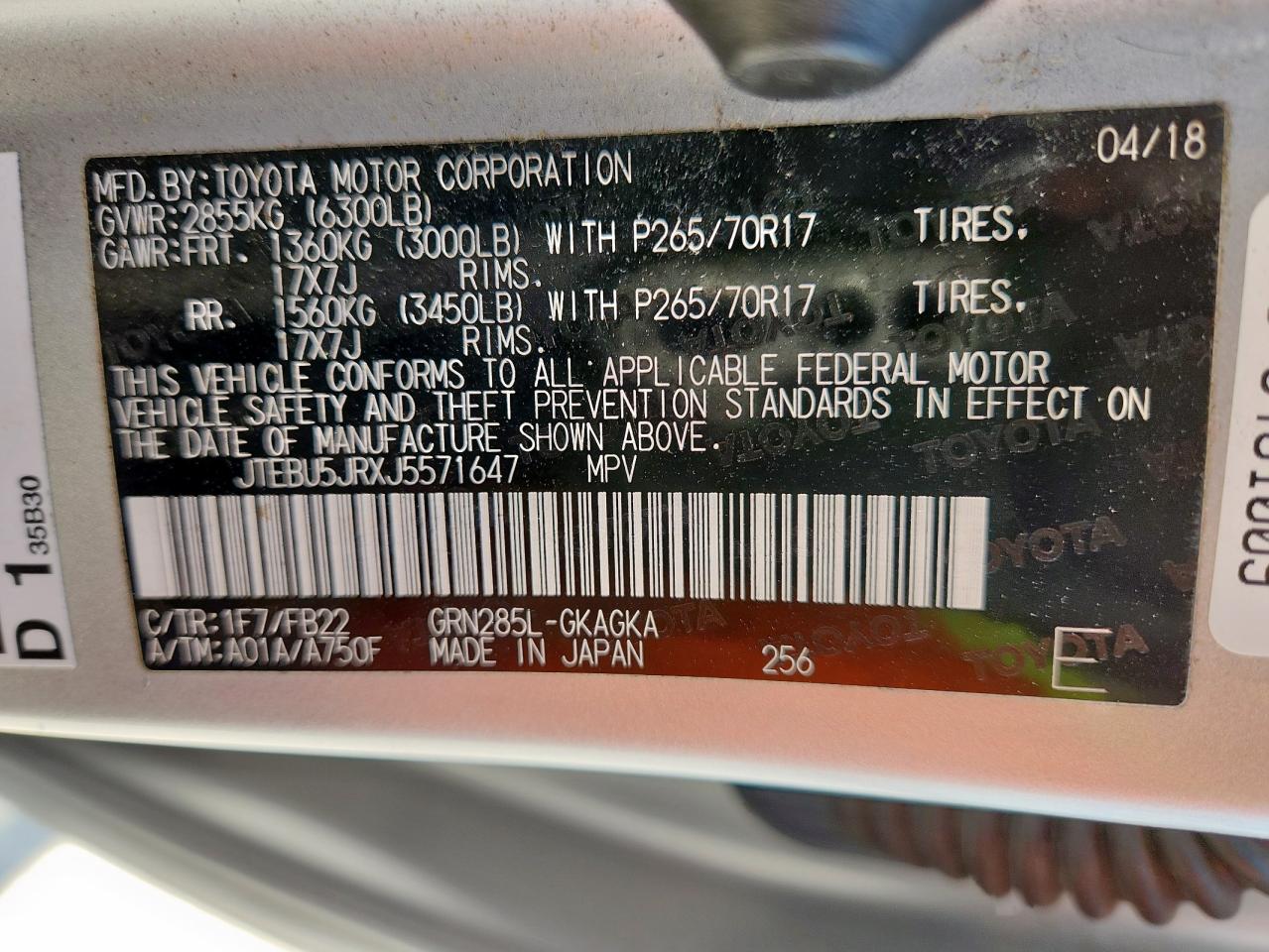 2018 Toyota 4Runner Sr5/Sr5 Premium VIN: JTEBU5JRXJ5571647 Lot: 85009295