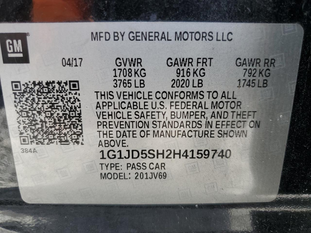 2017 Chevrolet Sonic Lt VIN: 1G1JD5SH2H4159740 Lot: 85503075