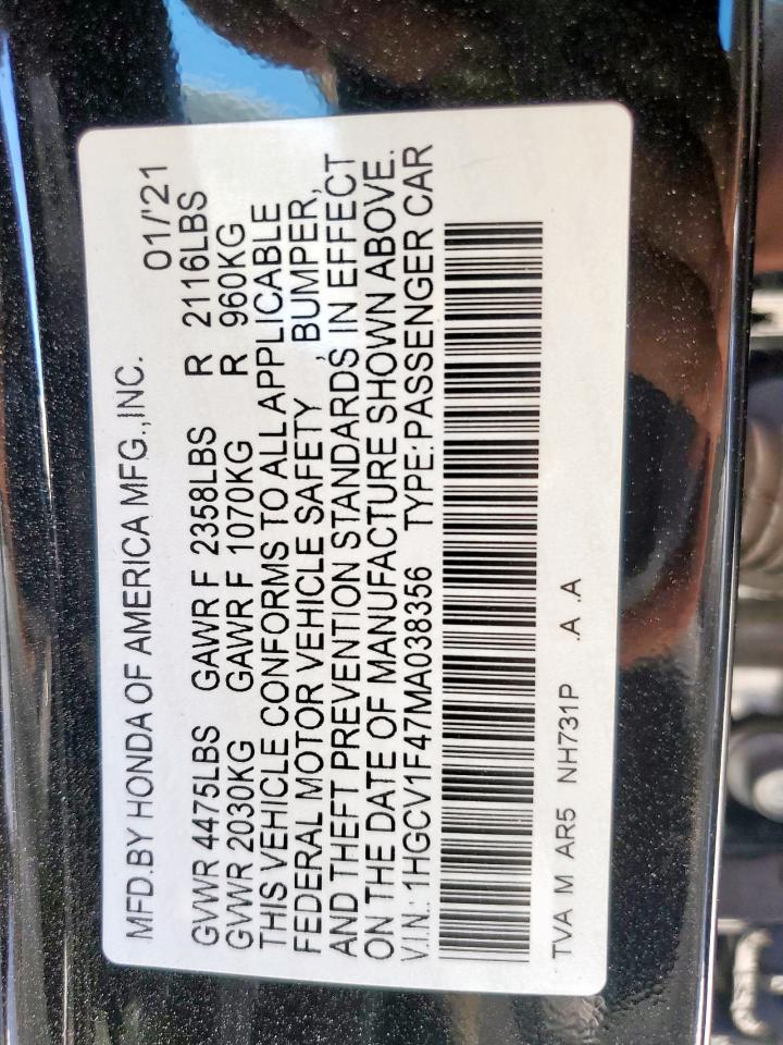 2021 Honda Accord Sport Se VIN: 1HGCV1F47MA038356 Lot: 86428925