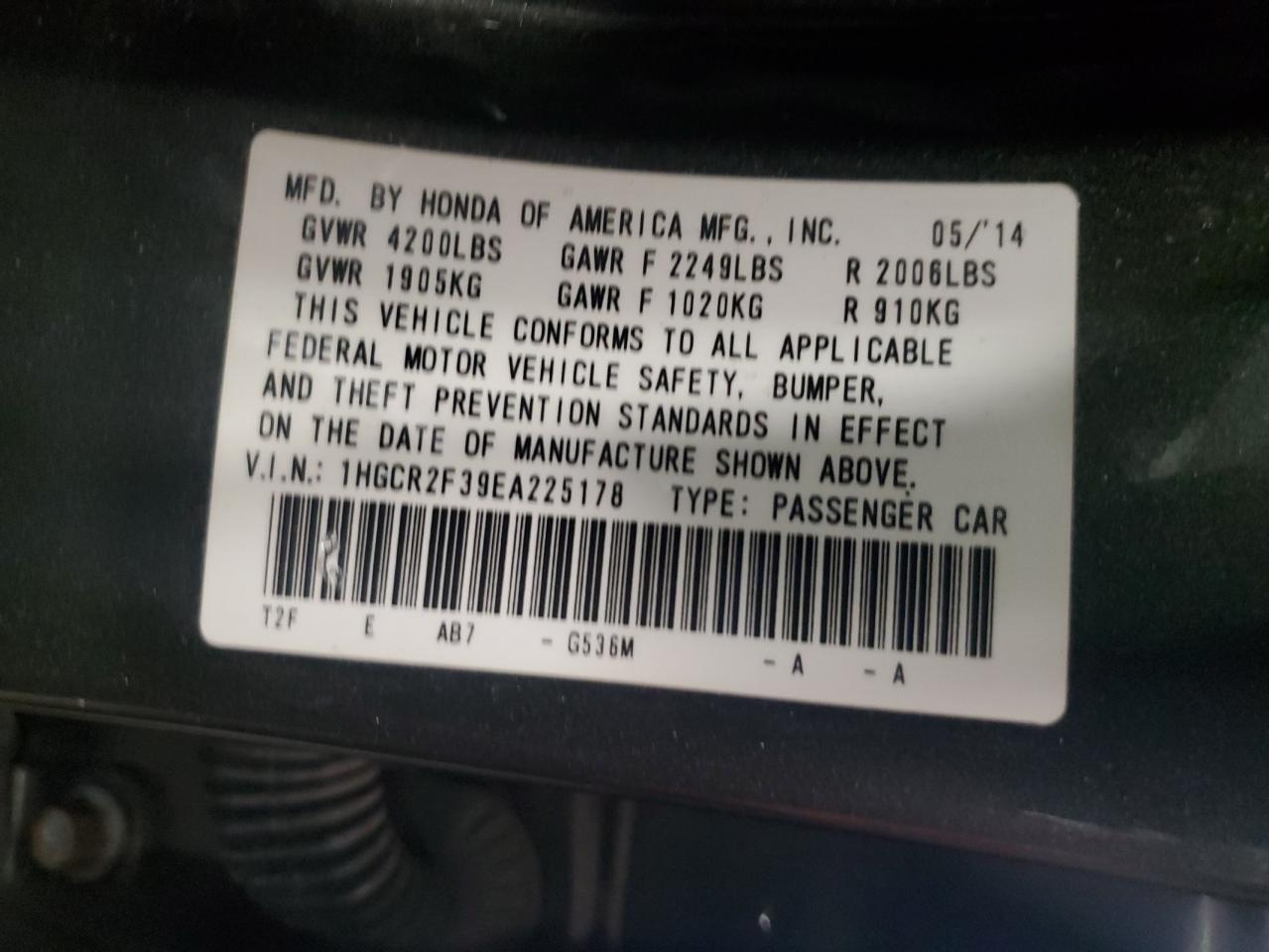 2014 Honda Accord Lx VIN: 1HGCR2F39EA225178 Lot: 86135855