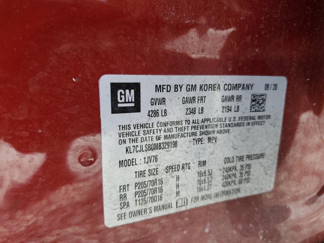 2021 Chevrolet Trax 1Lt VIN: KL7CJLSB0MB329198 Lot: 87095015