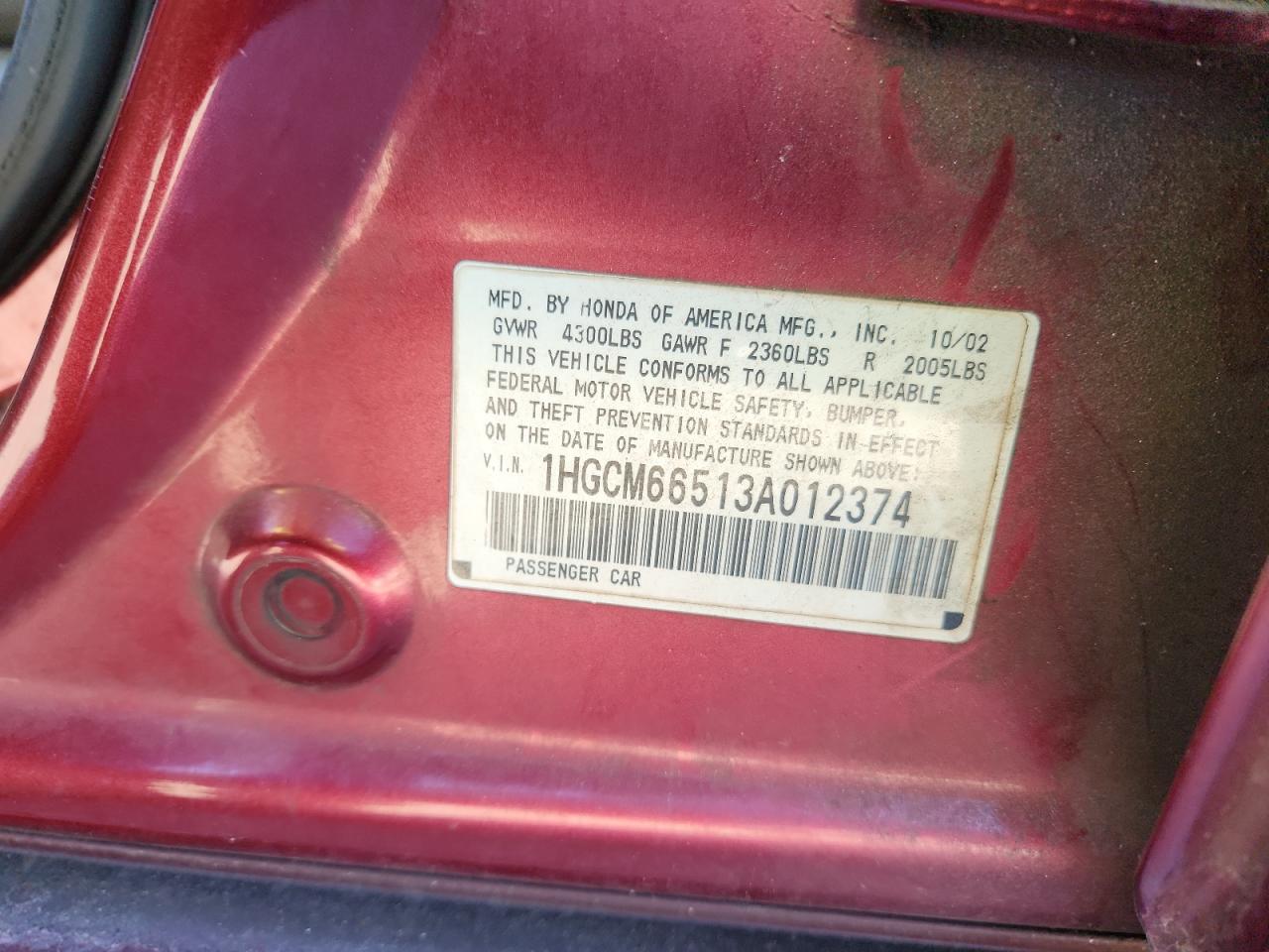 2003 Honda Accord Ex VIN: 1HGCM66513A012374 Lot: 86271525