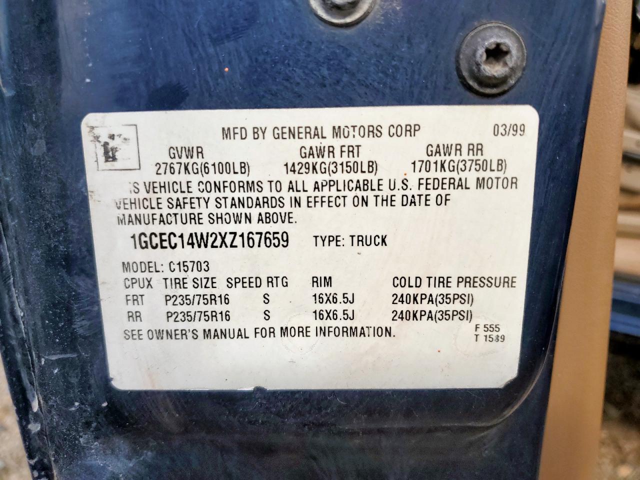 1999 Chevrolet Silverado C1500 VIN: 1GCEC14W2XZ167659 Lot: 86246625