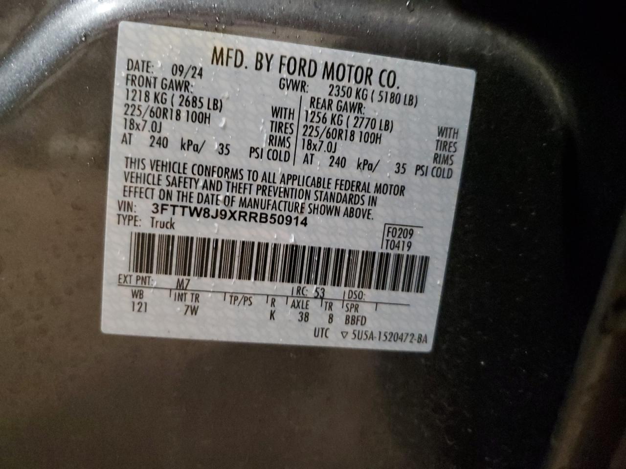 2024 Ford Maverick Xlt VIN: 3FTTW8J9XRRB50914 Lot: 89721955