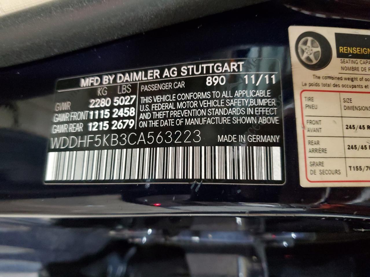 2012 Mercedes-Benz E 350 VIN: WDDHF5KB3CA563223 Lot: 85749055