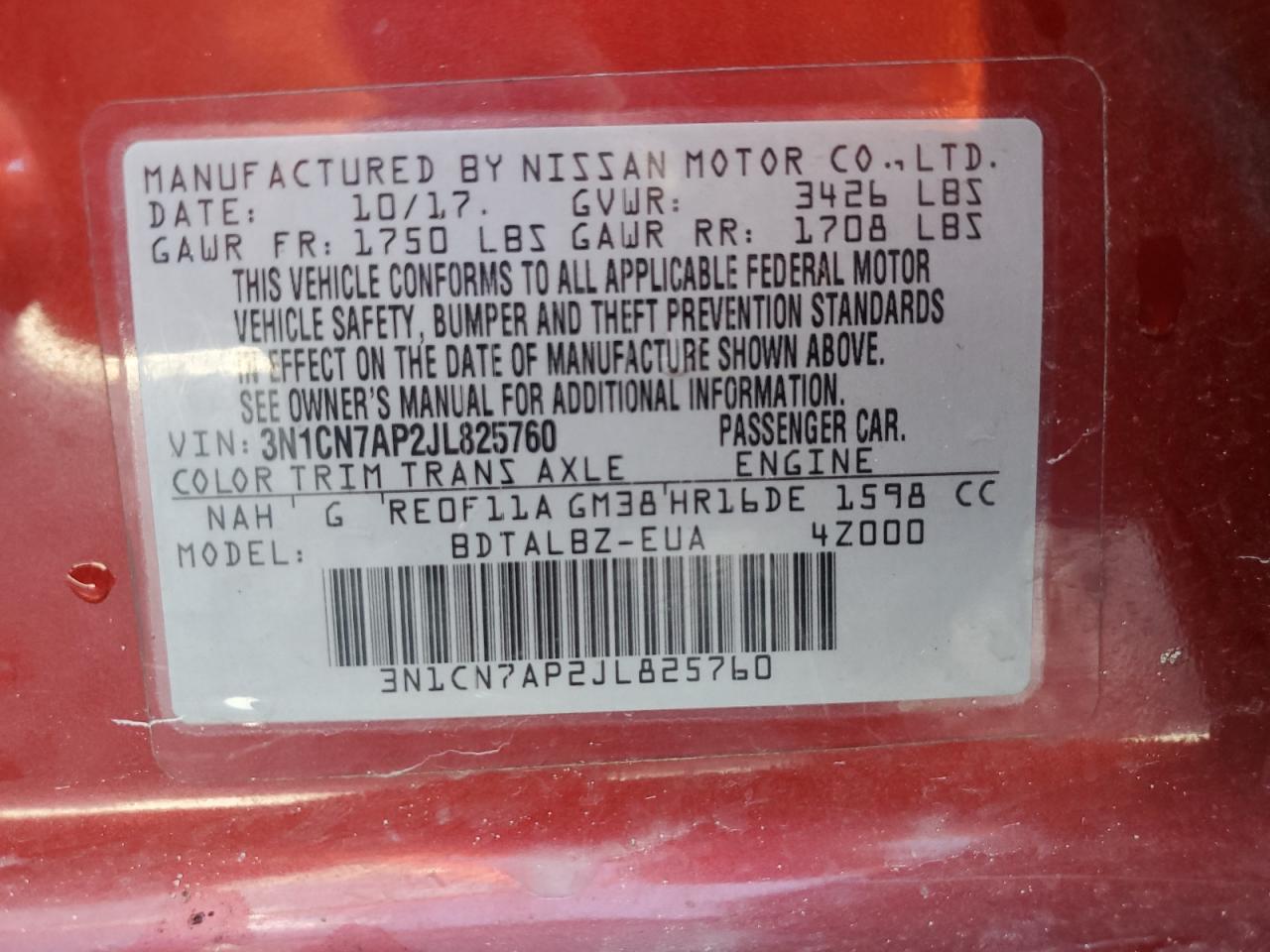 2018 Nissan Versa S VIN: 3N1CN7AP2JL825760 Lot: 85904955