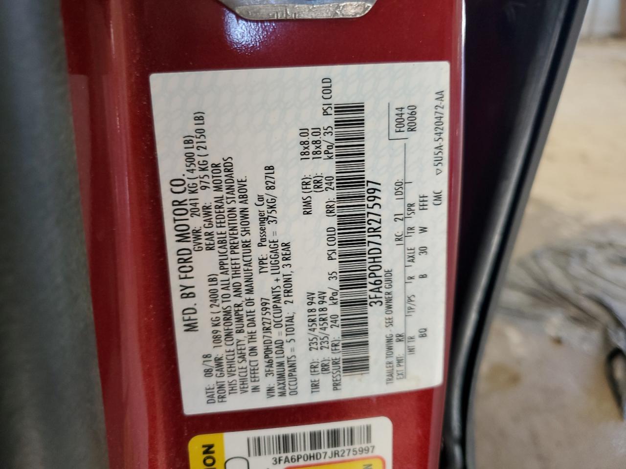 2018 Ford Fusion Se VIN: 3FA6P0HD7JR275997 Lot: 86274275