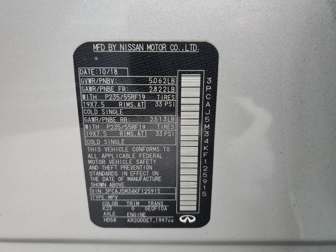 2019 Infiniti Qx50 Essential VIN: 3PCAJ5M34KF125915 Lot: 82610845