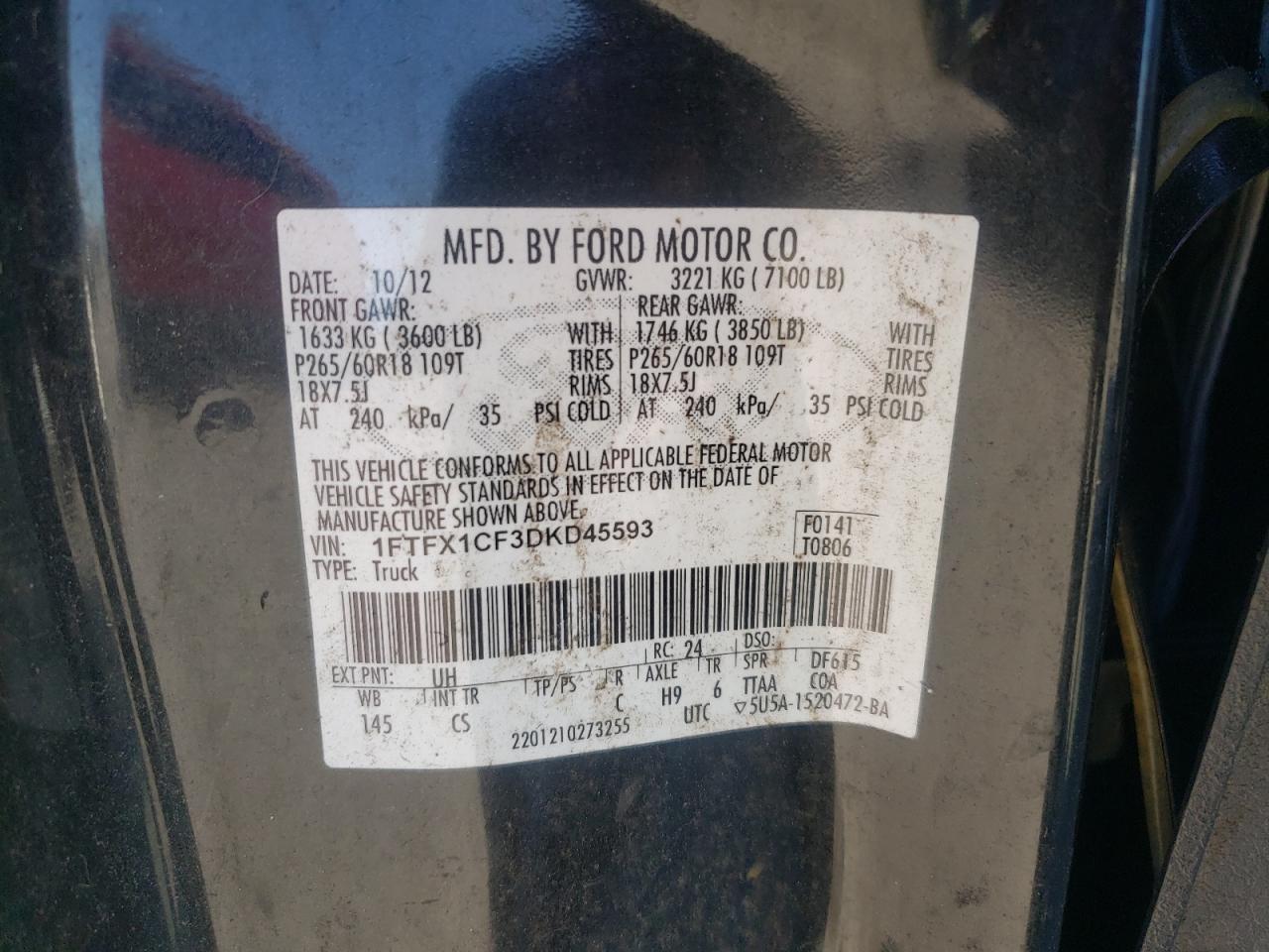 2013 Ford F150 Super Cab VIN: 1FTFX1CF3DKD45593 Lot: 82652245