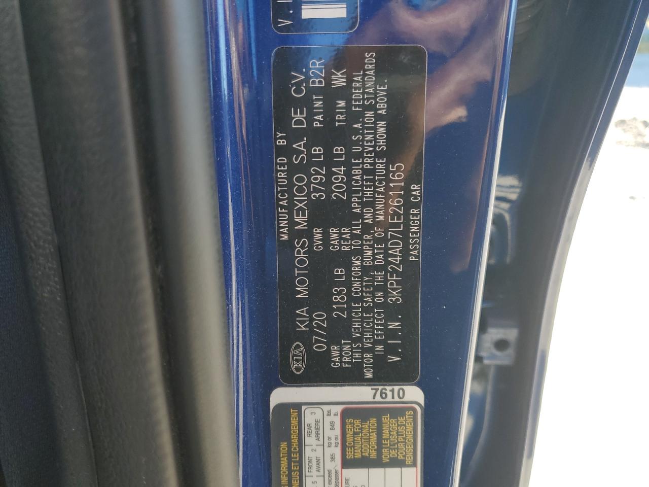 2020 Kia Forte Fe VIN: 3KPF24AD7LE261165 Lot: 90538435