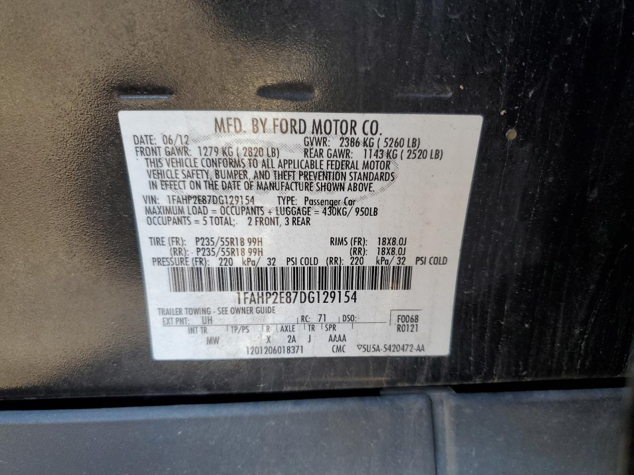 2013 Ford Taurus Sel VIN: 1FAHP2E87DG129154 Lot: 85602195