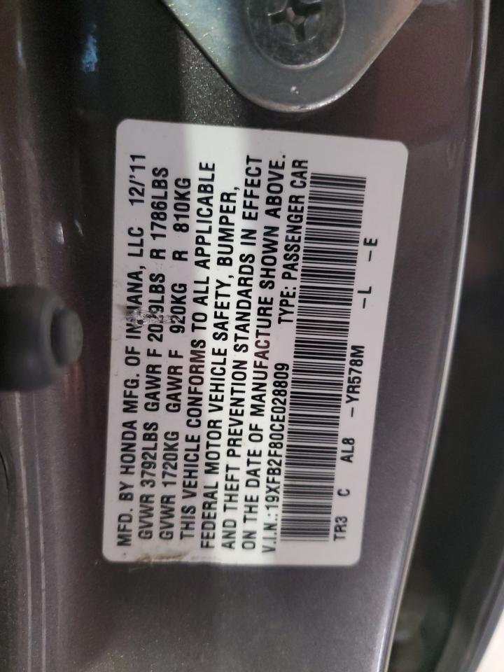 2012 Honda Civic Ex VIN: 19XFB2F80CE028809 Lot: 86053365