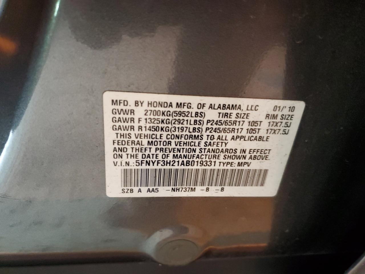 2010 Honda Pilot Lx VIN: 5FNYF3H21AB019331 Lot: 81974225