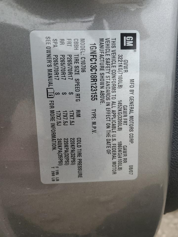 2008 Chevrolet Tahoe C1500 VIN: 1GNFC13C18R123155 Lot: 82757825