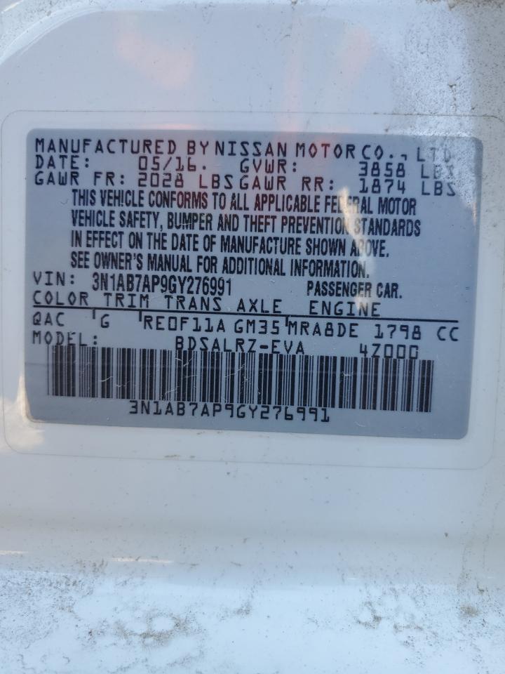 2016 Nissan Sentra S VIN: 3N1AB7AP9GY276991 Lot: 86254555