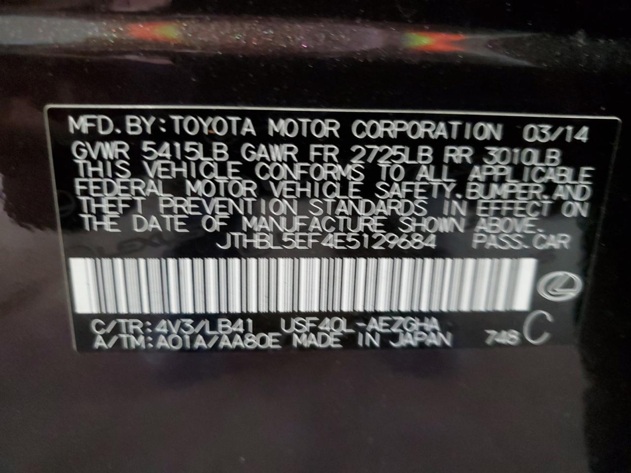 2014 Lexus Ls 460 VIN: JTHBL5EF4E5129684 Lot: 85557595