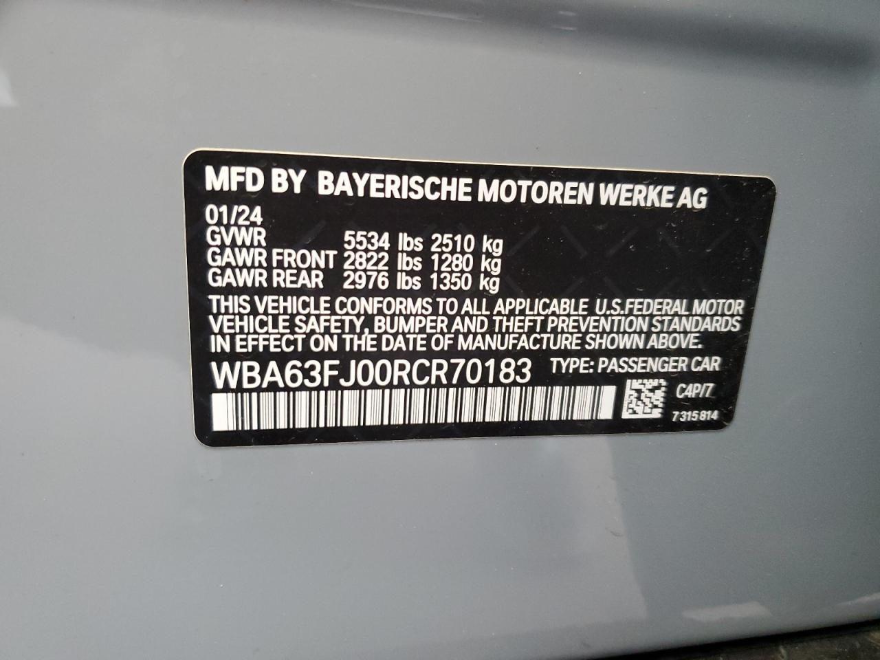 2024 BMW 540 Xi VIN: WBA63FJ00RCR70183 Lot: 84443865