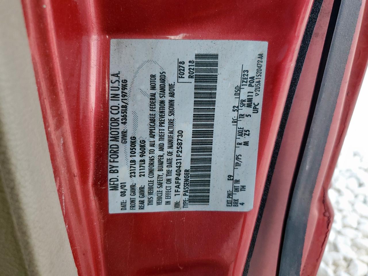 2001 Ford Mustang VIN: 1FAFP40431F258730 Lot: 82288725