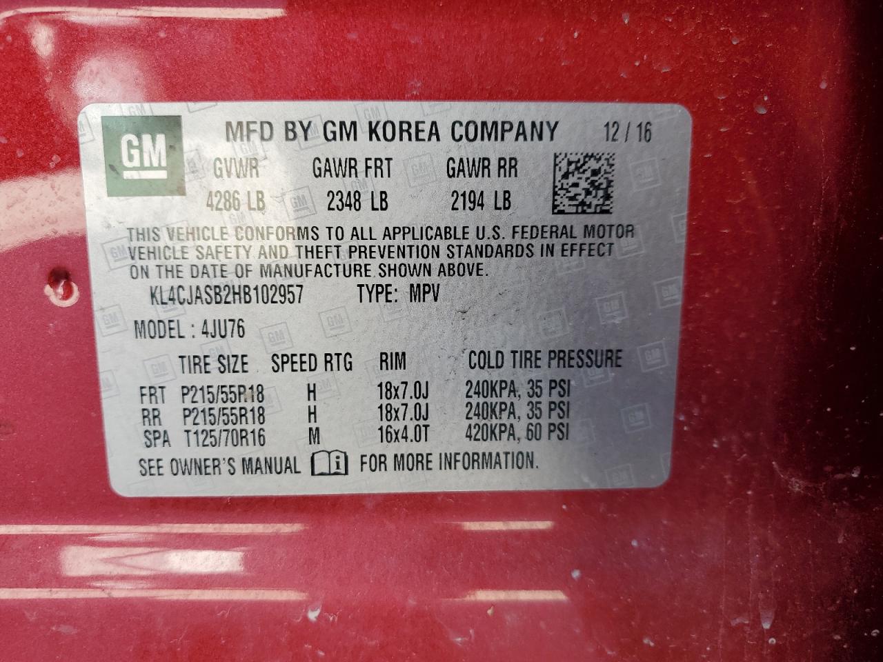 2017 Buick Encore Preferred VIN: KL4CJASB2HB102957 Lot: 86166405