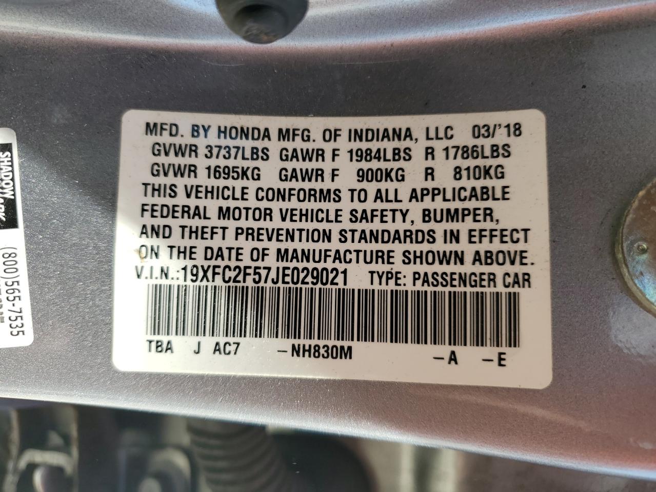 2018 Honda Civic Lx VIN: 19XFC2F57JE029021 Lot: 84607425
