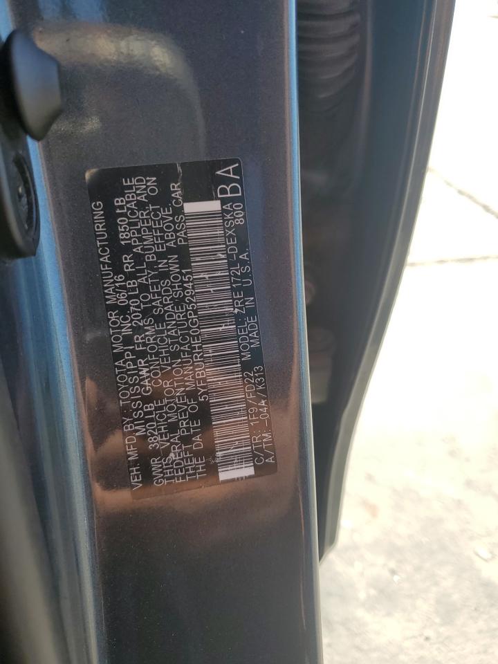 2016 Toyota Corolla L VIN: 5YFBURHE0GP529451 Lot: 85879895