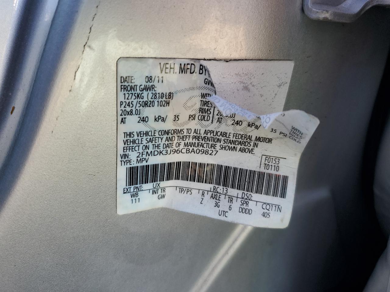 2012 Ford Edge Sel VIN: 2FMDK3J96CBA09827 Lot: 87287035