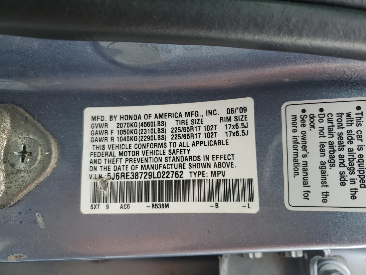 2009 Honda Cr-V Exl VIN: 5J6RE38729L022762 Lot: 85146085