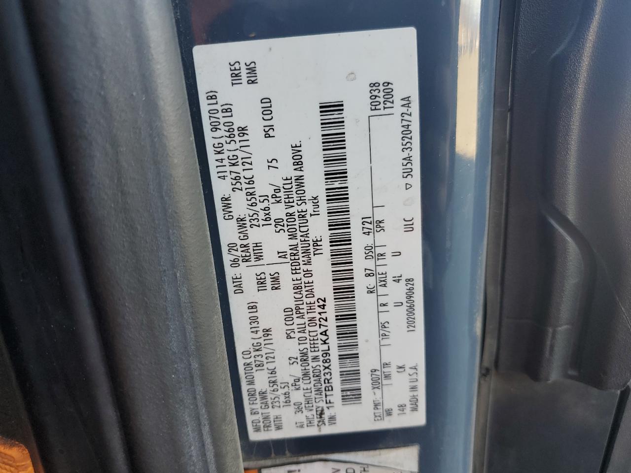 2020 Ford Transit 250 Delivery Van VIN: 1FTBR3X89LKA72142 Lot: 87447635