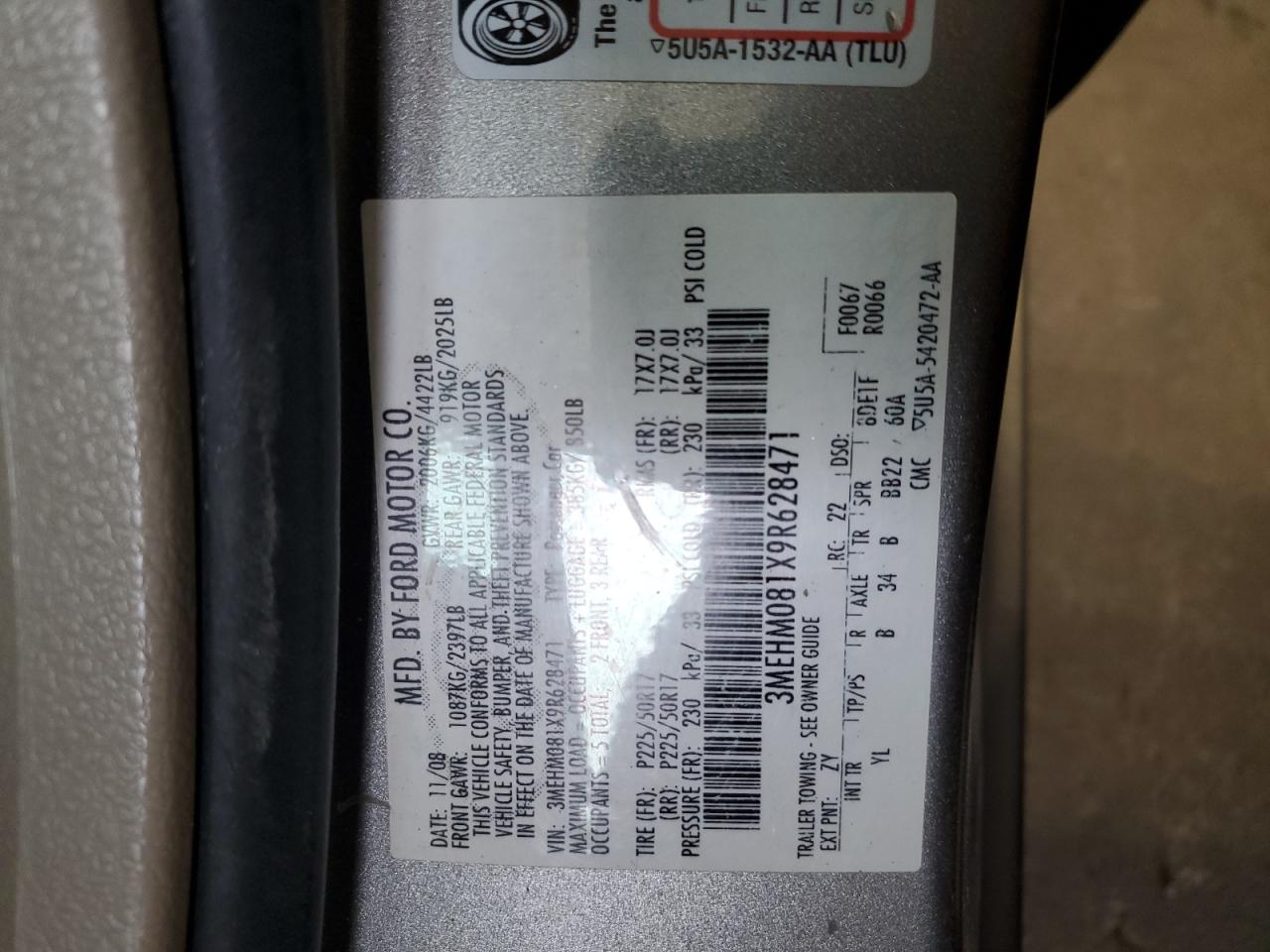 2009 Mercury Milan Premier VIN: 3MEHM081X9R628471 Lot: 82693395