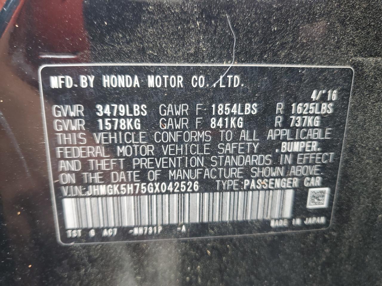 2016 Honda Fit Ex VIN: JHMGK5H75GX042526 Lot: 85336865