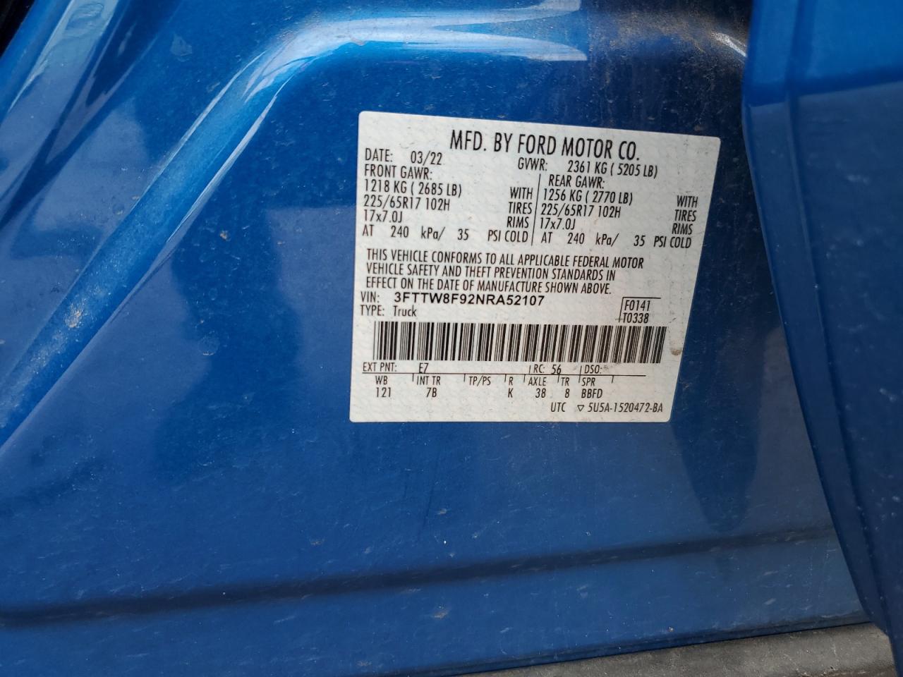 2022 Ford Maverick Xl VIN: 3FTTW8F92NRA52107 Lot: 82312935