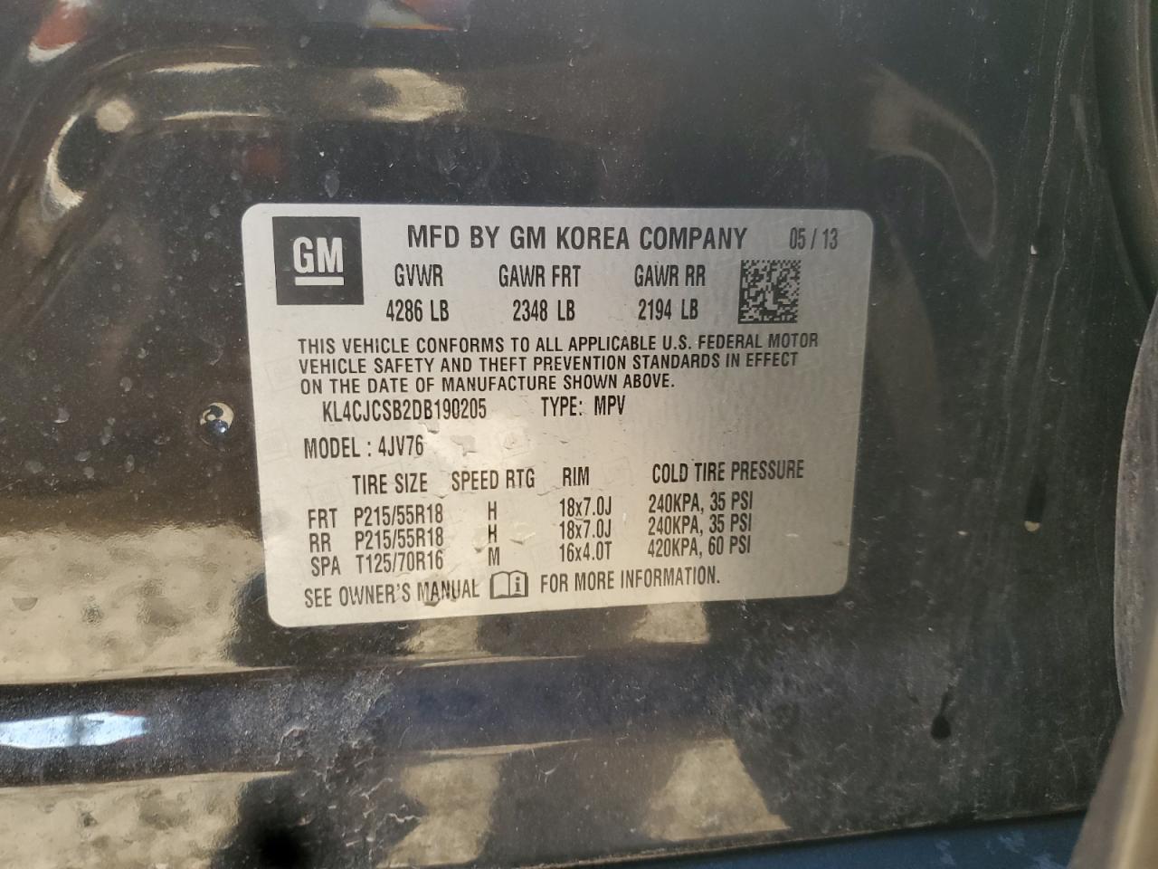 2013 Buick Encore VIN: KL4CJCSB2DB190205 Lot: 90124155