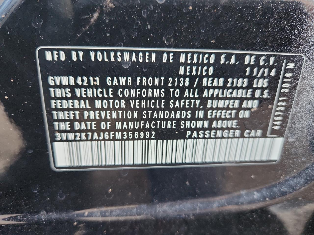 2015 Volkswagen Jetta Base VIN: 3VW2K7AJ6FM356992 Lot: 89922135