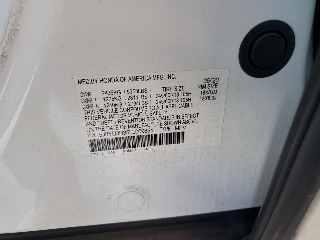 2020 Acura Mdx VIN: 5J8YD3H35LL009854 Lot: 89434645