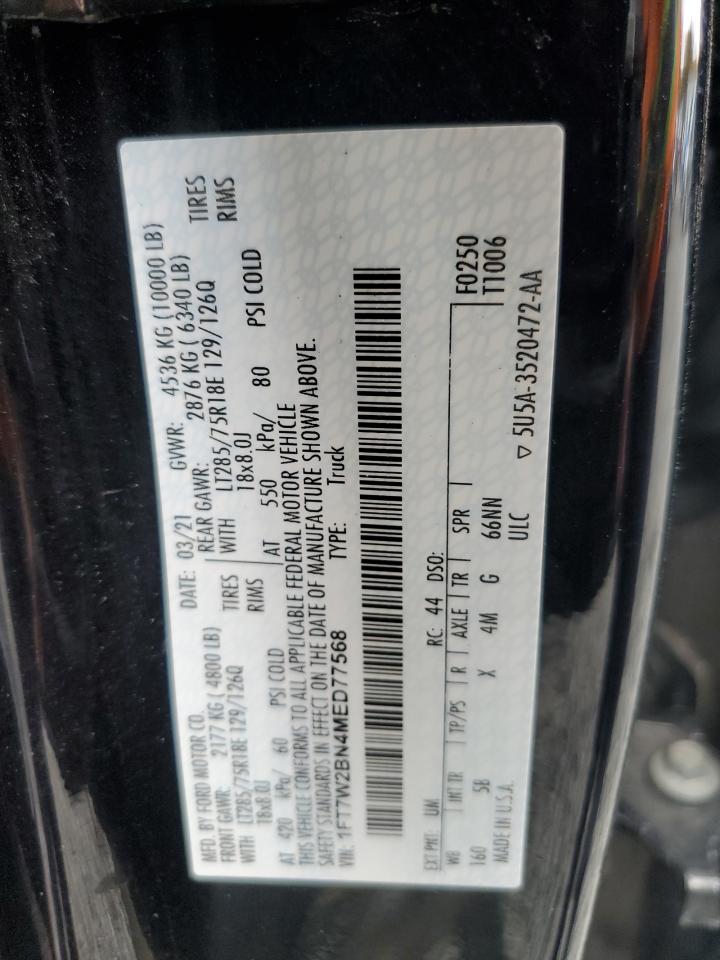 2021 Ford F250 Super Duty VIN: 1FT7W2BN4MED77568 Lot: 87425645