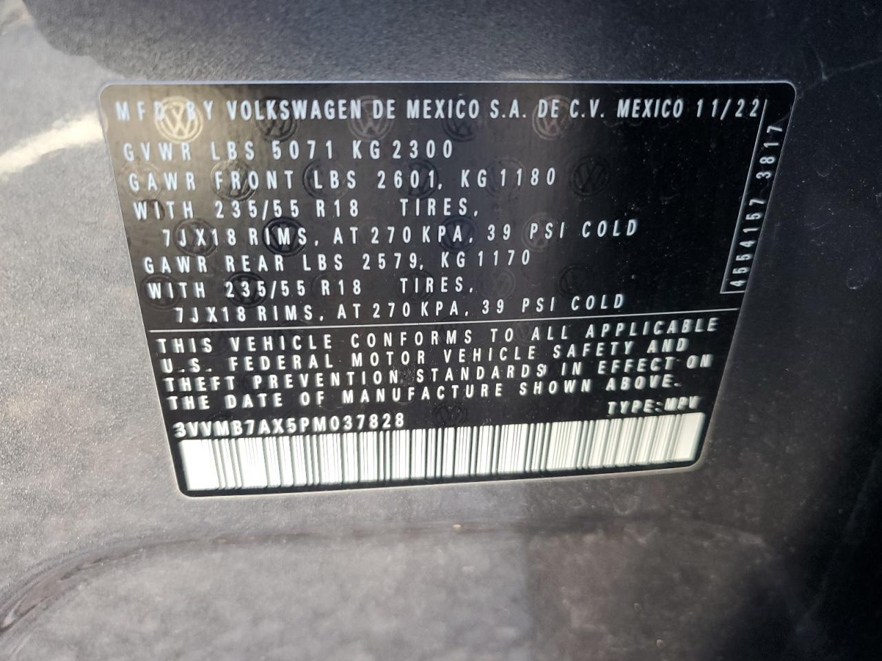 2023 Volkswagen Tiguan Se VIN: 3VVMB7AX5PM037828 Lot: 82178305